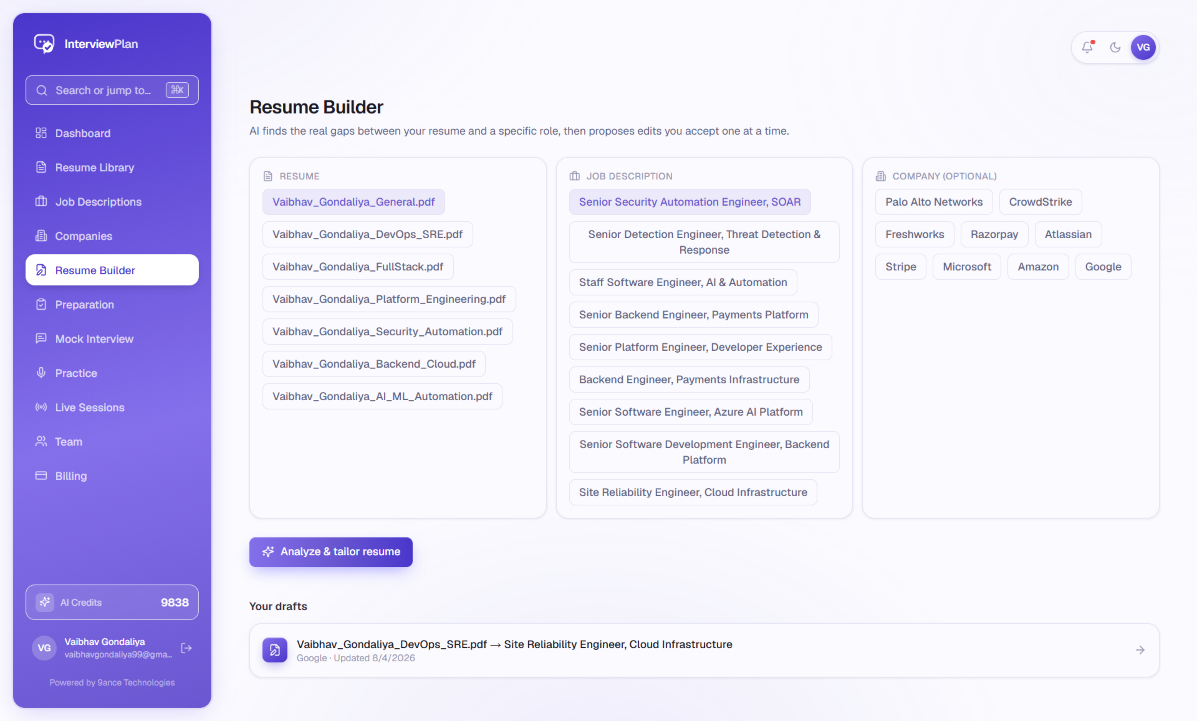 InterviewPlan Resume Builder with suggested edits